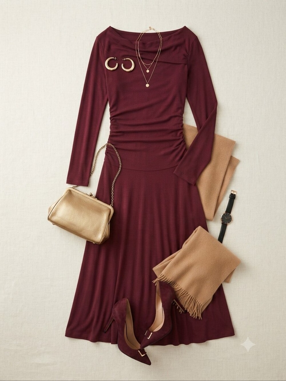 OGL Burgundy Drape Wide Neck Long Sleeve Rouched Maxi Dress